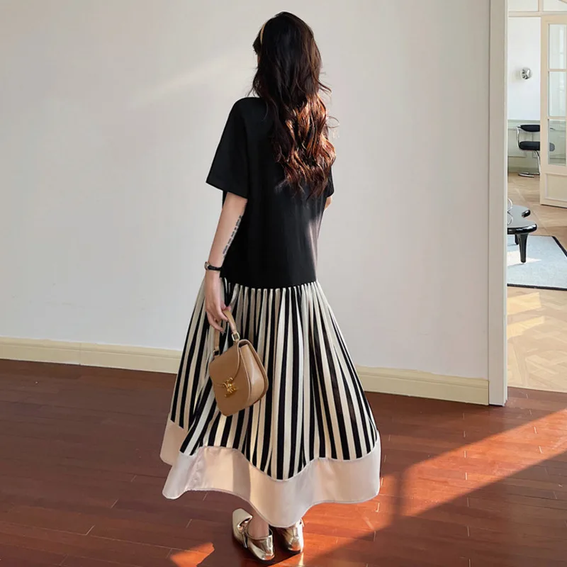 #6133 Spliced Striped Long T Shirt Dress Women Loose Cotton A-line Streetwear False Two Piece Short Sleeve Tshirt Dress Summer