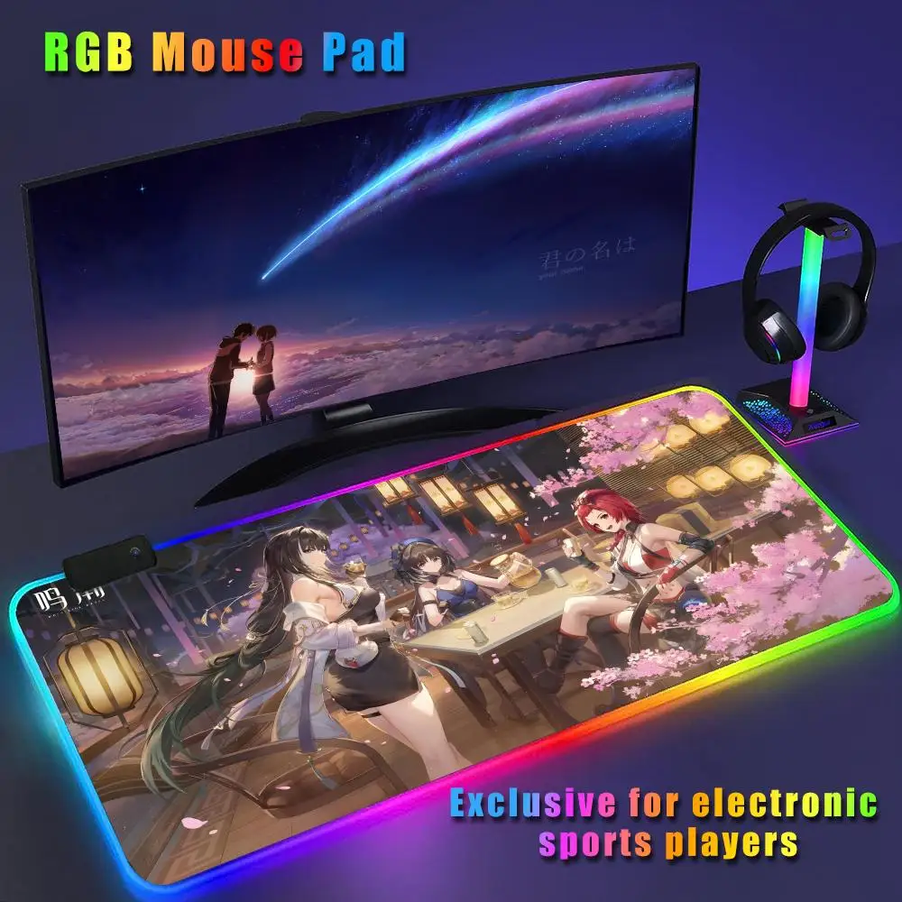 W-Wuthering Waves Mouse Pad CS-GO anime character luminous mouse pad super large RGB office game competitive keyboard pad