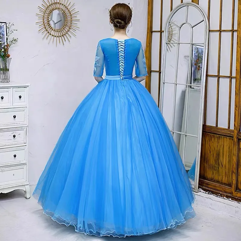 Blue Half Long Sleeves Quinceanera Dresses Ball Gowns Lace Evening Dress Party Luxury Tulle Birthday Pageant Princess Dress