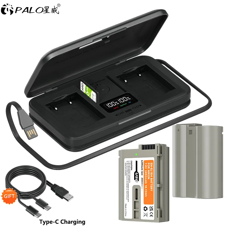 EN-EL15C EL15C EN EL15 Battery with 5V 2A Type-C input+LCD Charger for Nikon D750 D800 D850P D7000 D7100 D7500 Z6 Z7 V1 Camera