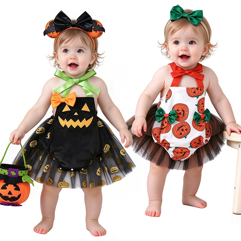 Baby Girl Halloween Cosplay Costume Pumpkin Tutu Romper Dress nfant Toddler Newborn Pumpkin Print Tulle Skirt Halter Bodysuit