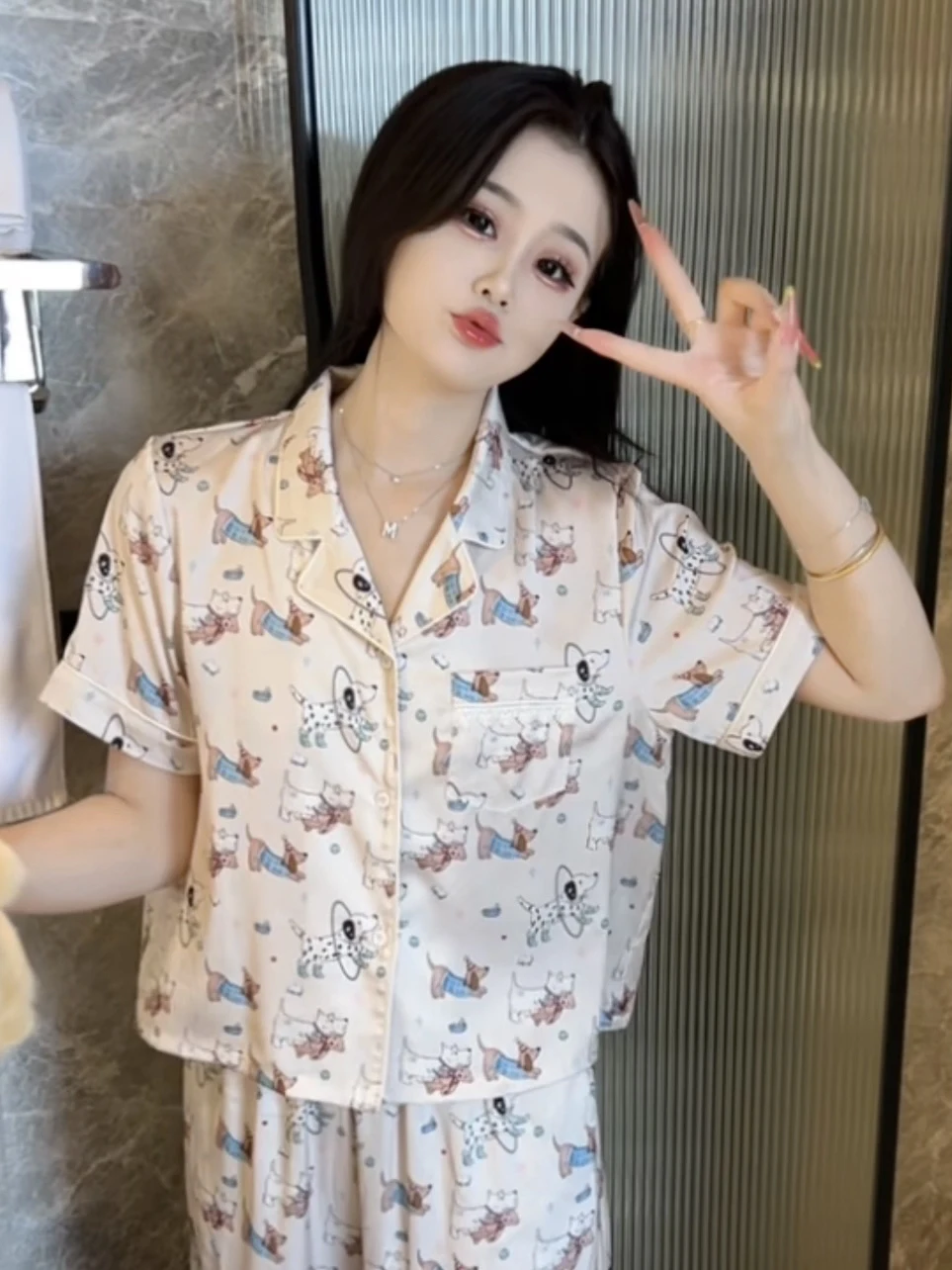 Japanese Small Fresh Cute Puppy Ice Silk Short-sleeved Pajamas Women's Three-piece Set Summer New Cool Breathable Loungewear