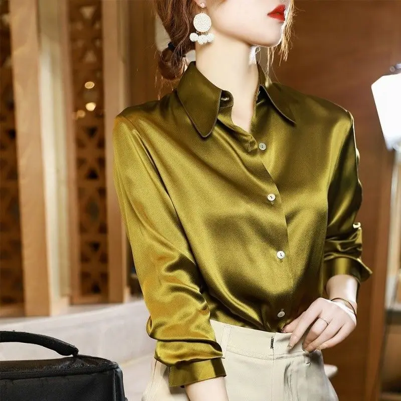 Work Wear Solid Color Shirt Spring Long Sleeve Office Lady Loose All-match Single-breasted Women's Clothing Polo-Neck Blouse New