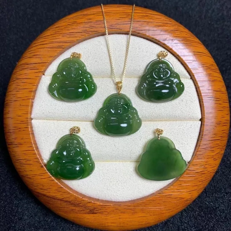 Hetian With 18K Gold Clasp, Spinach Green Jade Laughing Buddha Pendant