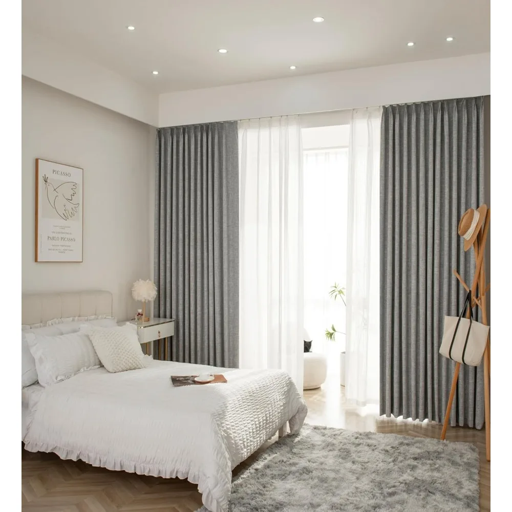 Grey Linen Texture Curtains 96 Long, 100% Blackout, Pinch Pleated, Elegant Privacy, 52 Wide x 96 Length, 2 Panels, Home Decor