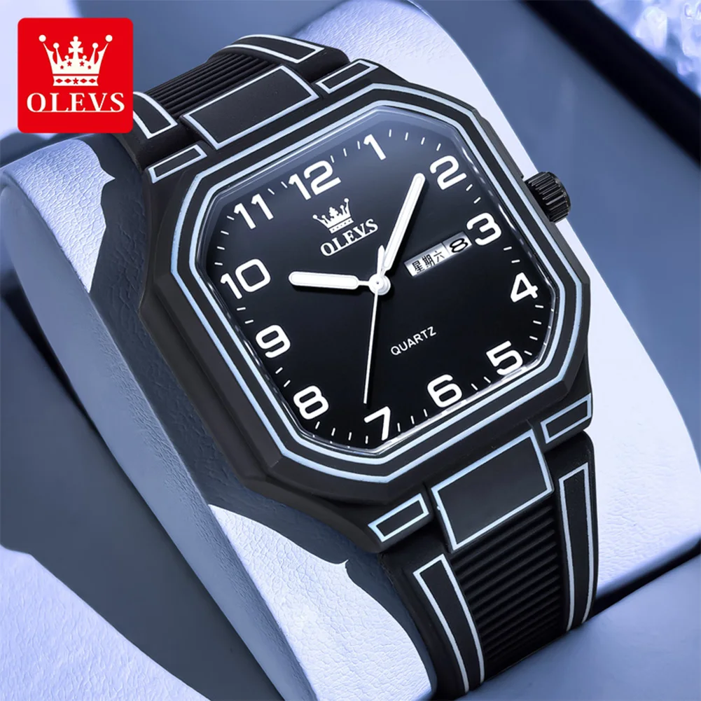 OLEVS Men's Watches Simple Stylish Comic Style Silicone Strap Original Brand Quartz Wristwatch for Man Waterproof Date Week New