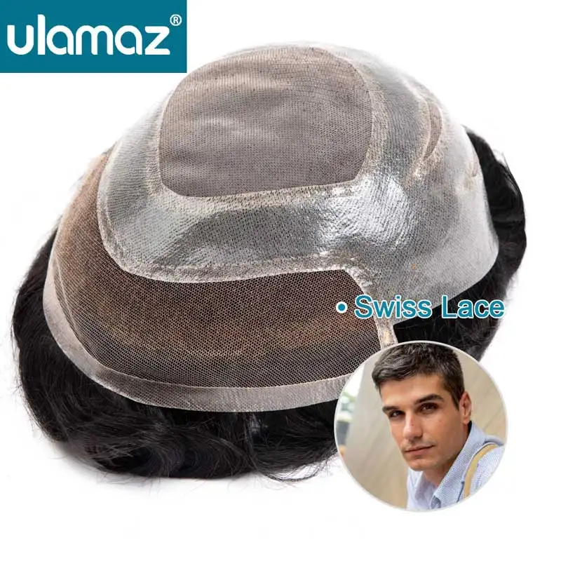 ULAMAZ Bleach Knot Lace Front Men's Wig Swiss Lace Male Hair Prosthesis Mono Lace Hair System For Man Human Hair Toupee Men Wig