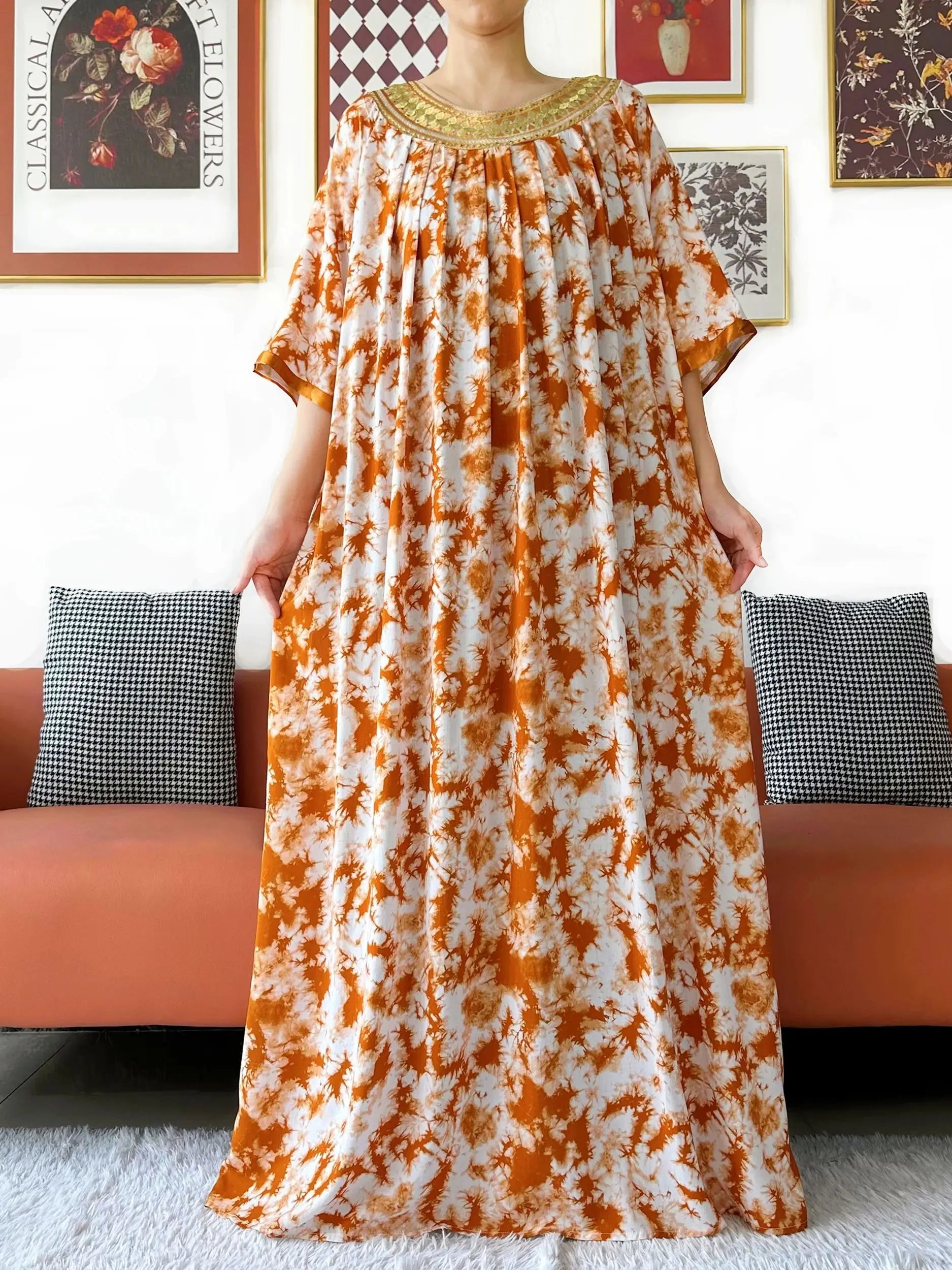 Kashkha أنيقة عباية فستان قصير الأكمام التعادل صبغ القطن المرأة فضفاض عباية بوهو فستان ماكسي فساتين راقية غير رسمية الأفريقية