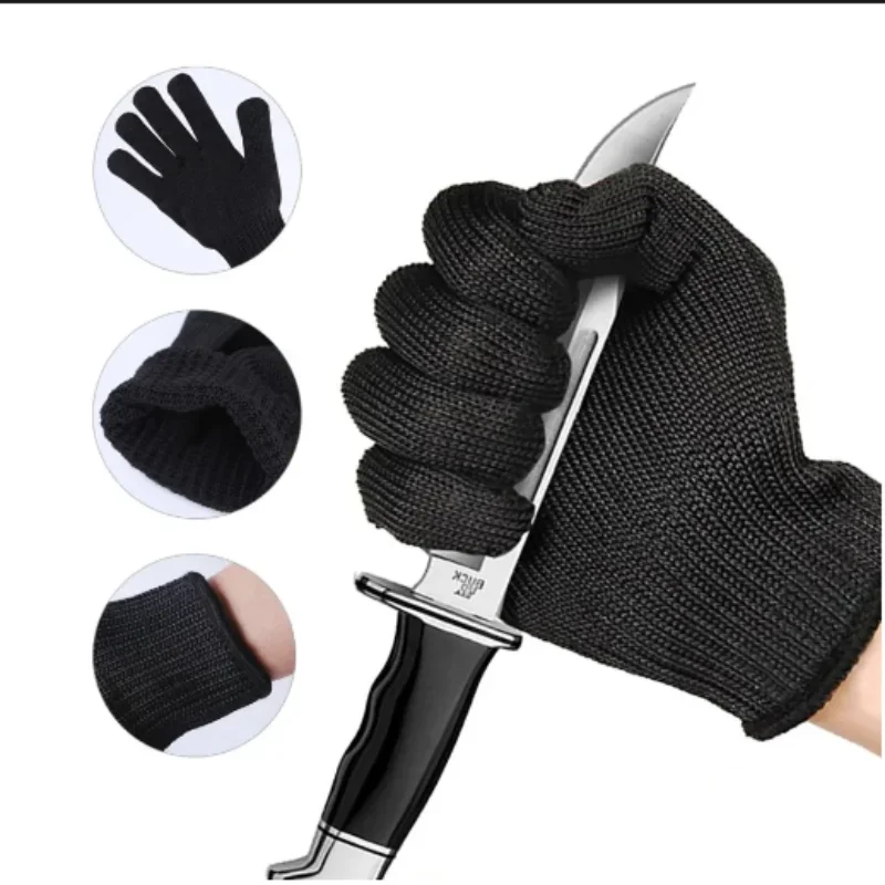 1Pair Black Steel Wire Metal Mesh Gloves Safety Anti Cutting Wear Resistant Kitchen Butcher Working Gloves Garden Self Defense