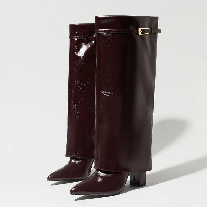 Eilyken Winter Street Fashion Belt Buckle Women Knee High Boots Pointed Toe Square Heels Ladies Shoes Long Botas Mujer image 4