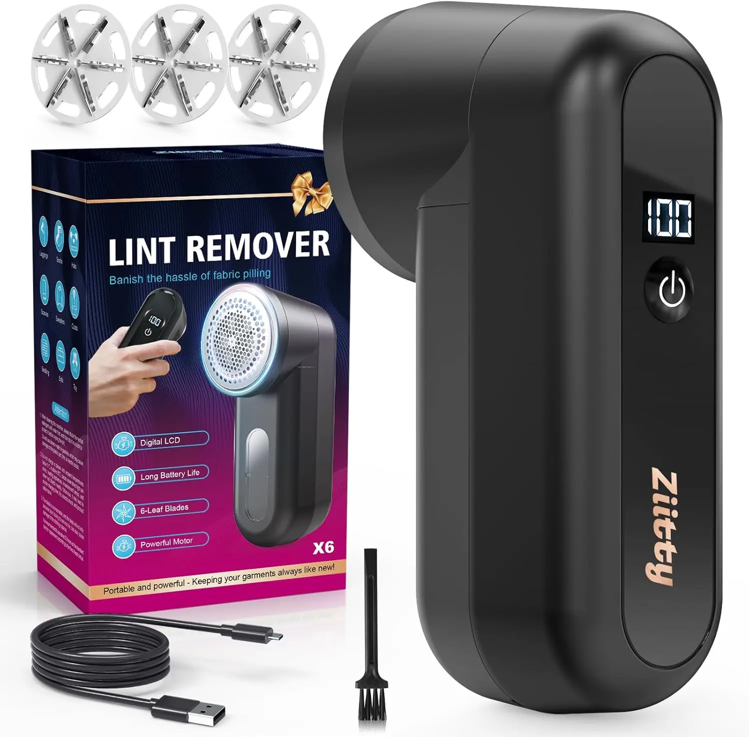 

Lint Remover for Clothes, Type-C Rechargeable Fabric Shaver with LCD Display & 6-Blade, Fuzz Remover for Sweaters and Furniture