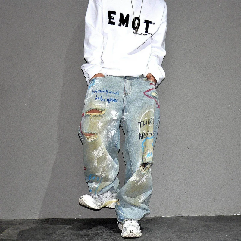 

High Street Vibe Graffiti Distressed Wide Leg Jeans, Men’s Vintage American Loose Denim Pants
