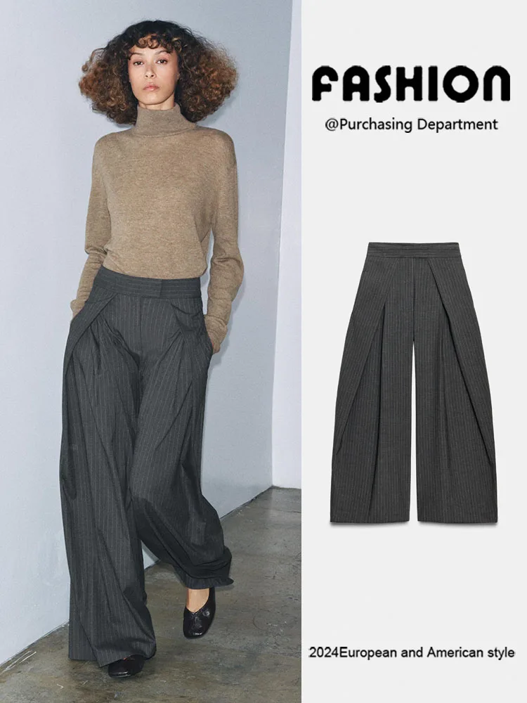 

Spring New Arrival Women's Straight Leg Mid-Waist Stripe Pleated Pants Ethnic Stage Costume Trousers Fashionable Ladies' Jeans
