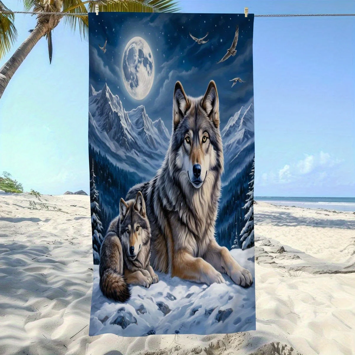 Large Wolf & Cub Under Full Moon Snowy Mountains Beach Towel Ultra-Soft Microfiber Quick-Dry Anti-Fade for Swimming Yoga Camping