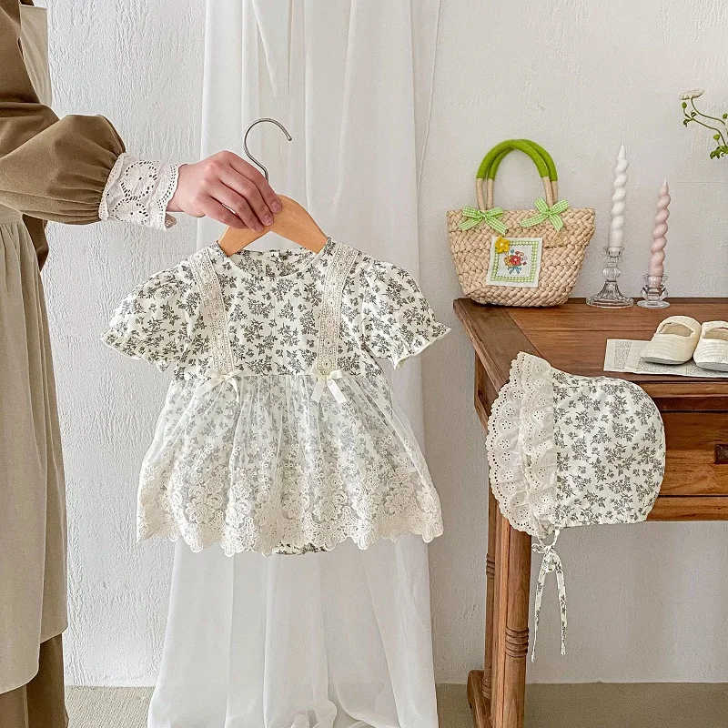 

INS Summer Baby Girl Flower Romper 0-2Years Newborn Princess Short Sleeve Lace Skirted Bodysuit+Hat 2PCS Dress Outfits Clothes