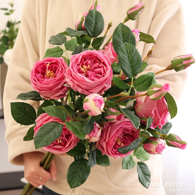 

6pcs/lot ! High simulation real touch 3 heads artificial austin rose flowers decorative Moisturizing felt roses bunch