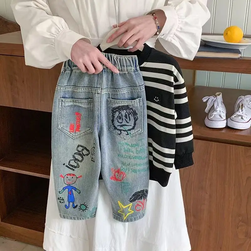 

Boys Jeans Spring and Autumn Models 2025 New Foreign Stylish Children's Trousers Baby Net Red Fried Street Denim Trousers