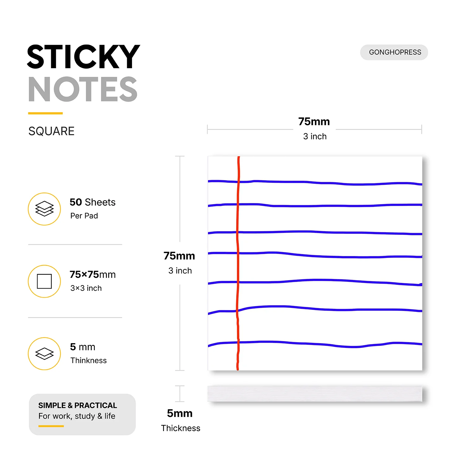 2pcs Lined Sticky Notes, Self Stick Memo Pads, 100 Sheets Total, Notebook Paper Style Notepad, Removable Adhesive Notes for