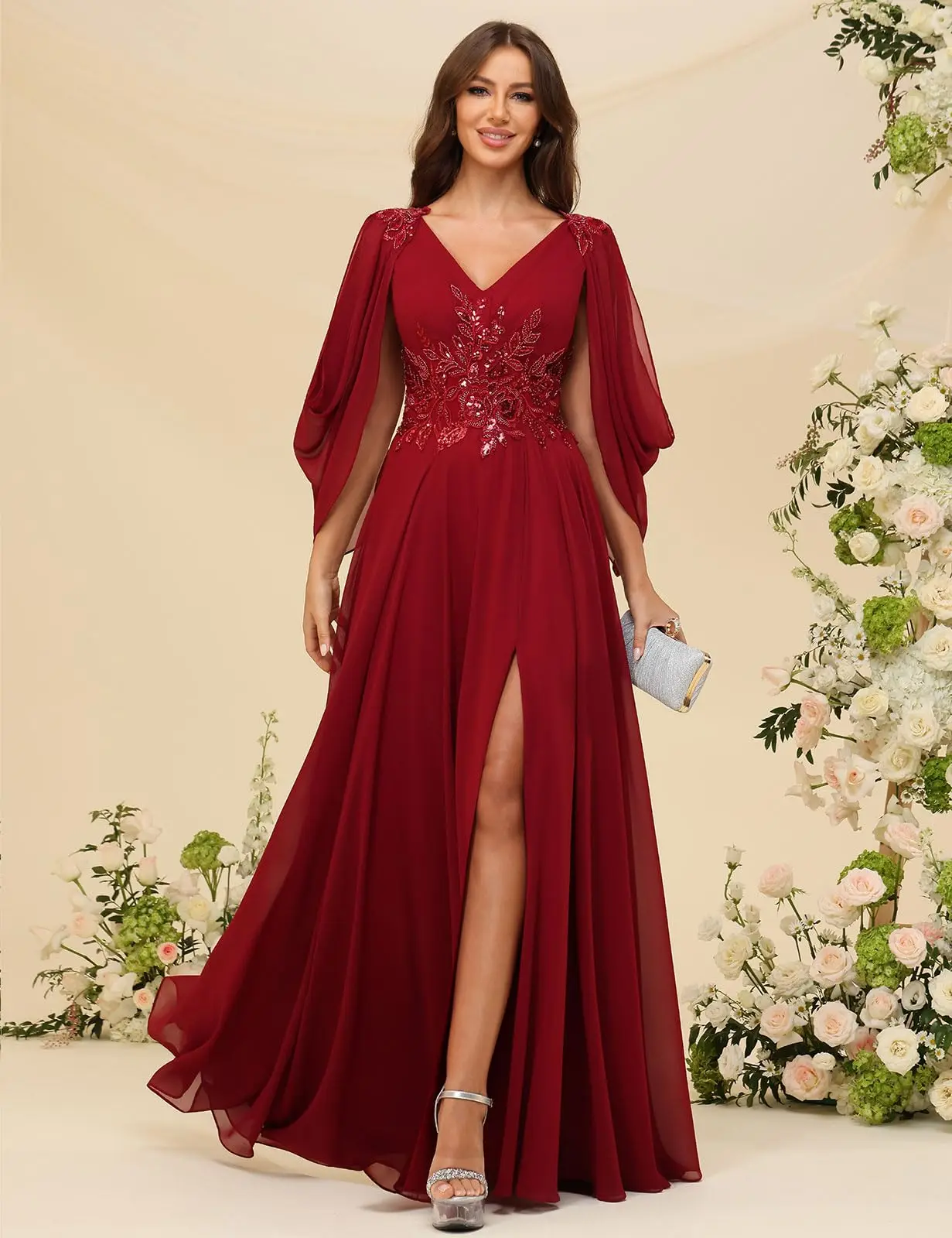 브이넥 쉬폰 신부 어머니 드레스 레이스 아플리케 여성용 정장 드레스 긴 이브닝 가운(소매 포함)