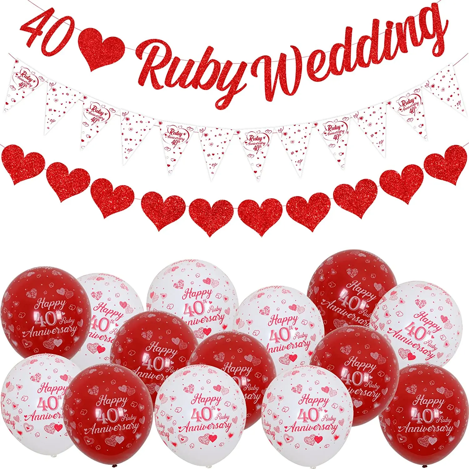 Sursurprise-Wedding Anniversary Party Decorations, 40th Ruby, Glitter Banners, Red, Happy 40th Anniversary Balloons Set