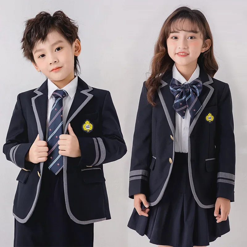 Child School Uniform Girls Korean Japanese Navy Jacket Pleated Skirt Boys Formal Dress Suits Kids Student Clothes Class Sets