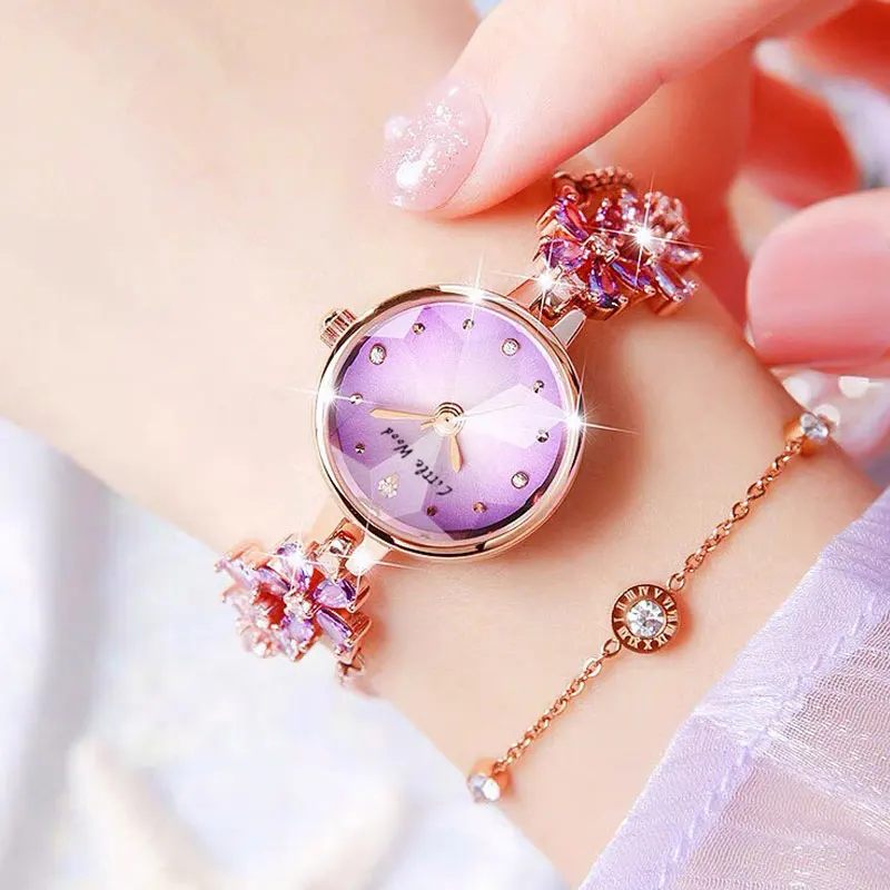 Amethyst Flower Bracelet with Small Dial Quartz Watch Designed for Women, Waterproof Rhinestone Clock Relogio Feminino