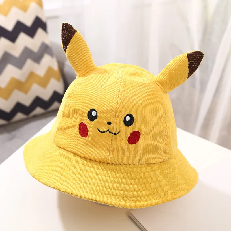 Anime Pikachu Bucket Hat Sun Hat with Ear Cute Cartoon Wide Brim Fisherman Beach Outdoor Baseball Hat Cap for Adult Kids Child