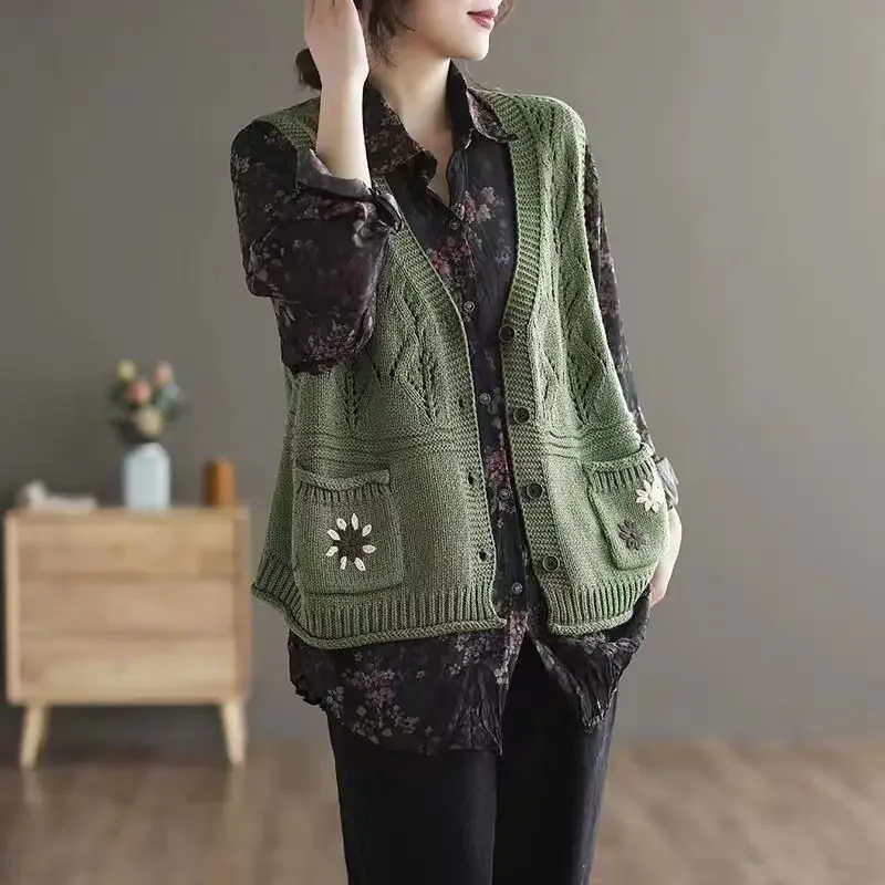 Knitted cardigan vest waistcoat summer and autumn embroidery pocket vintage art cut-out sleeveless cardigan sweater vest female