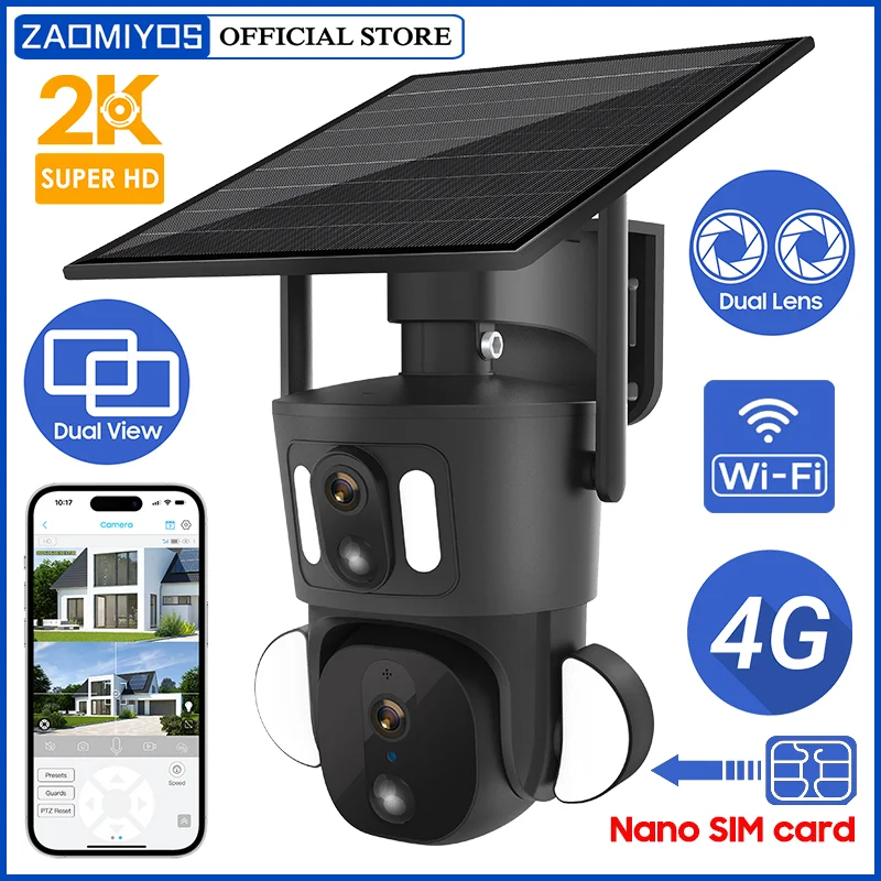 

ZAOMIYOS Dual Screen 4G Solar Security Linkage Camera Outdoor 2K HD WiFi PTZ Dual PIR Detection Human Auto Tracking CCTV Camera