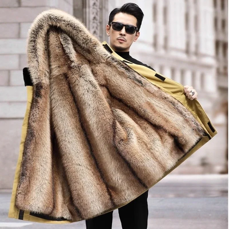 

New Men Mink Fur Parka Detachable Mink Liner Fur Integrated Winter Fur Coat Male Thicken Hooded Casual Large Size Outwear