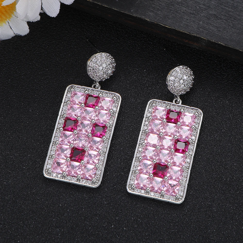 Luxury Square Pave Crystal Drop Stud Earrings, Elegant Wedding Bridal Party Statement Earrings for Women