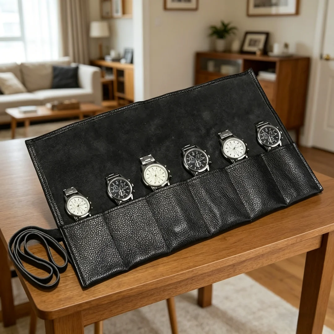 6 Slots PU Leather Watch Roll Case Portable Wristwatch Storage Organizer Lightweight Travel Watch Holder Durable Protective Bag