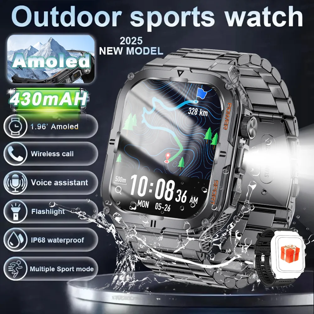 

Новинка 2025 года, прочные военные умные часы, светодиодный фонарик, аккумулятор 430 мАч, Bluetooth-вызов, 1,96 дюйма, AMOLED-экран, умные часы для Android ios