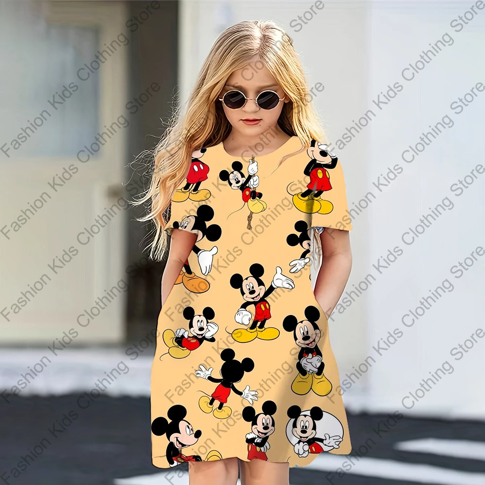 MINISO Girls Summer Dress Fashion Cartoon Cute Mickey Mouse Print Women Dresses Girls Short Sleeve Princess Dress Girls Clothing