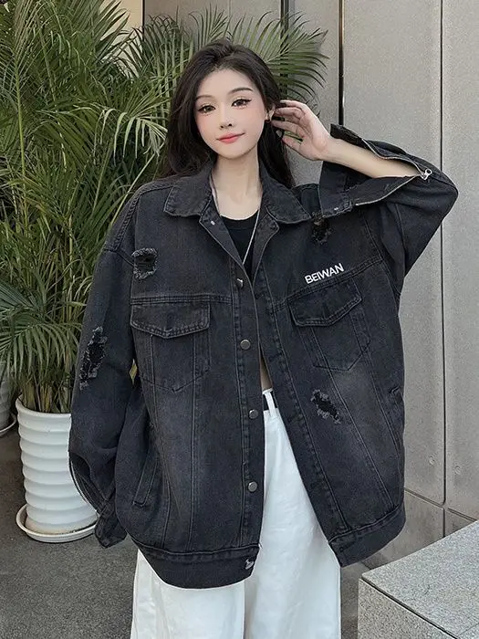 

Windbreaker Jackets Womens Veste Goth Larger Raglan Patch Zip-Up Decorated Printed Heating Material Colored Topcoat Personality