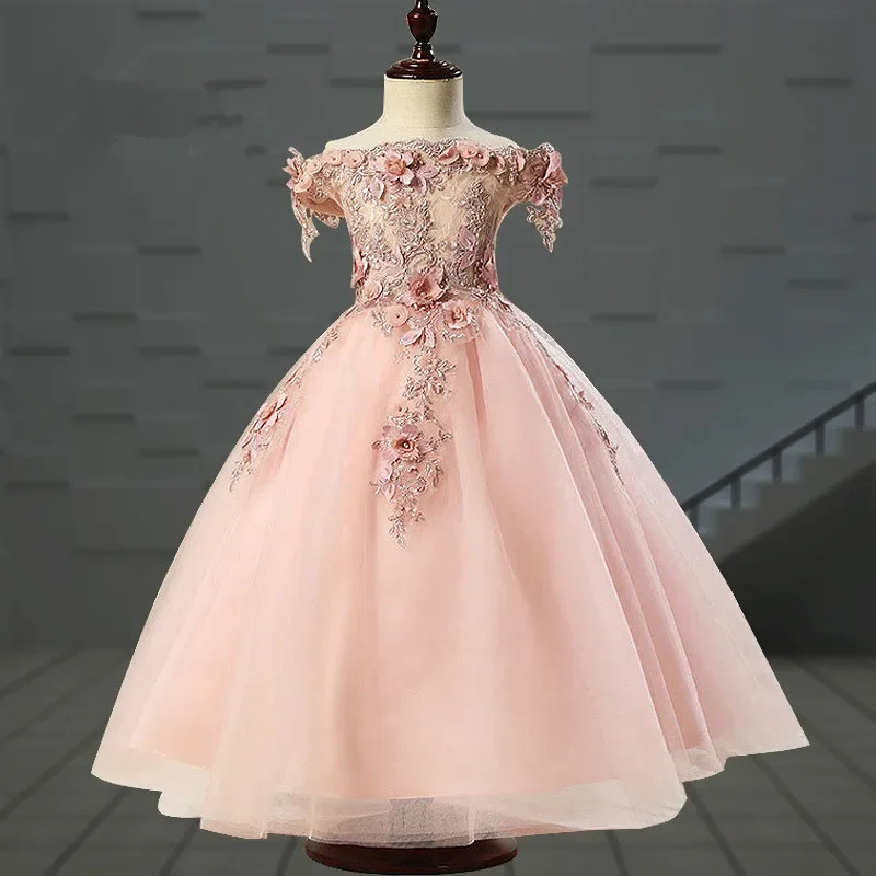 

High Quality Pink Tulle Flower Girl Party Pageant Princess Dress For Little Girls Glitz Long First Communion Dresses Princess