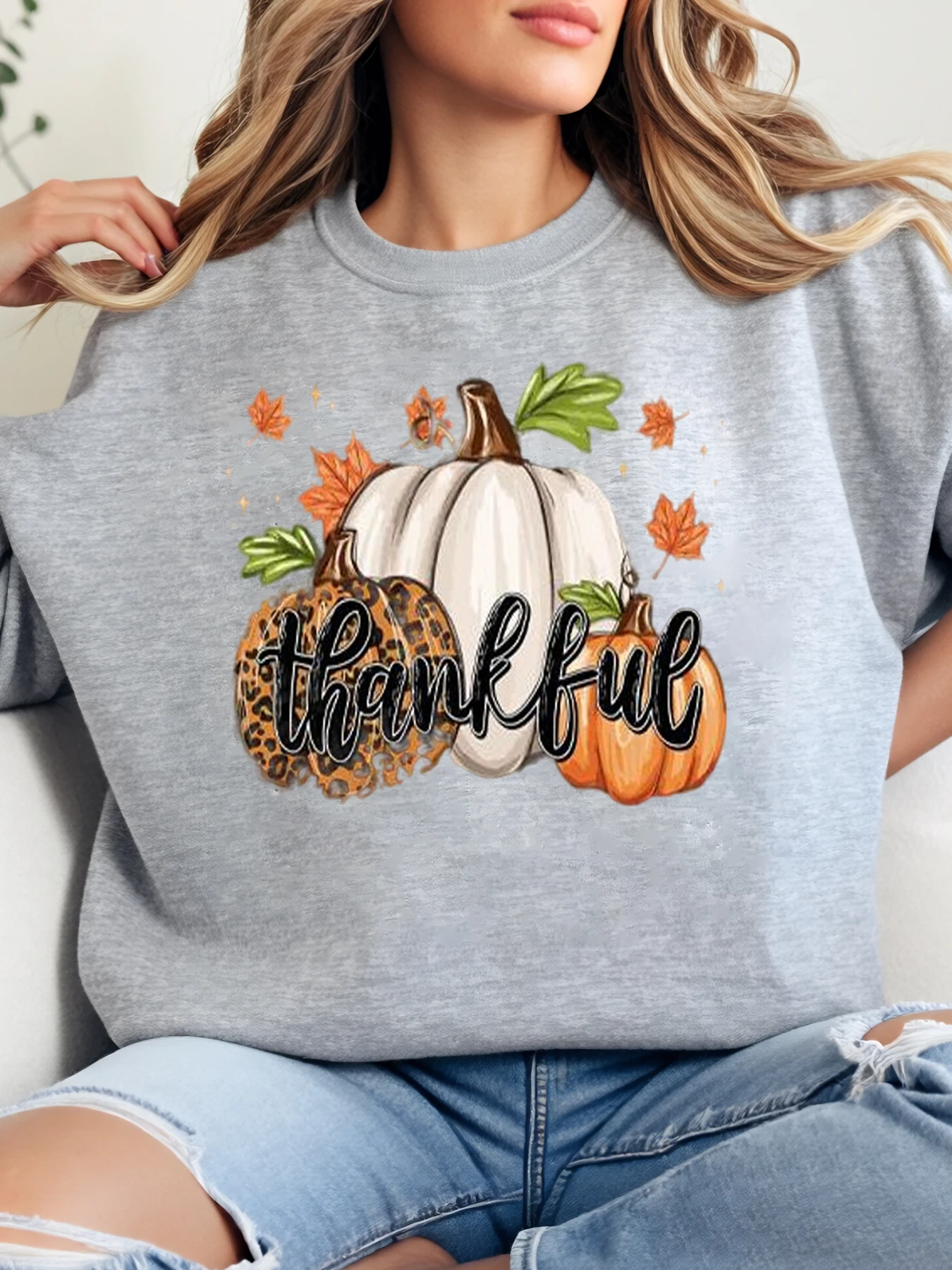 

Толстовка с принтом тыквы и листьев, женский повседневный осенний наряд на День Благодарения, серый, больших размеров