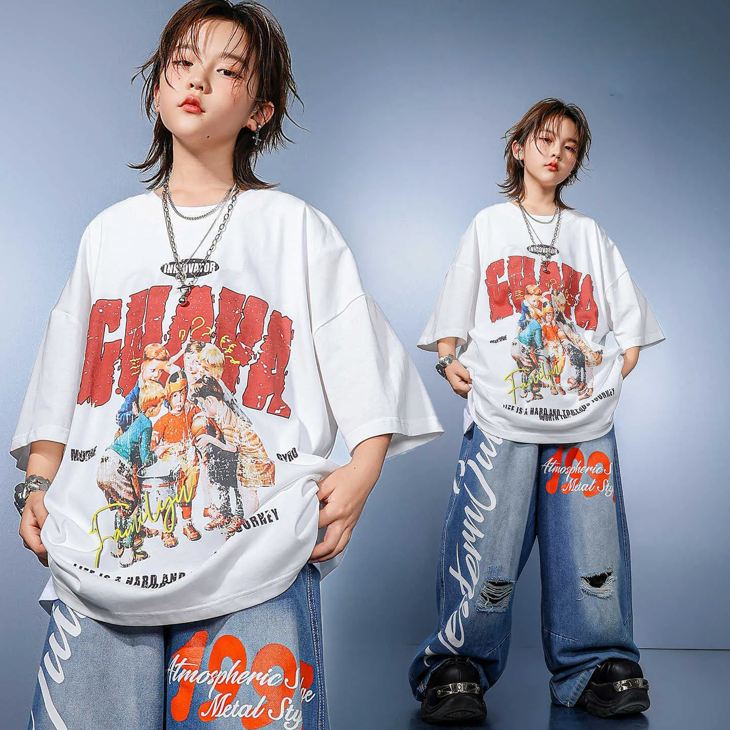 

Kid Kpop Hip Hop Clothing White Graphic Tee T Shirt Denim Blue Casual Ripped Jeans Pants for Girl Boy Dance Wear Costume Clothes