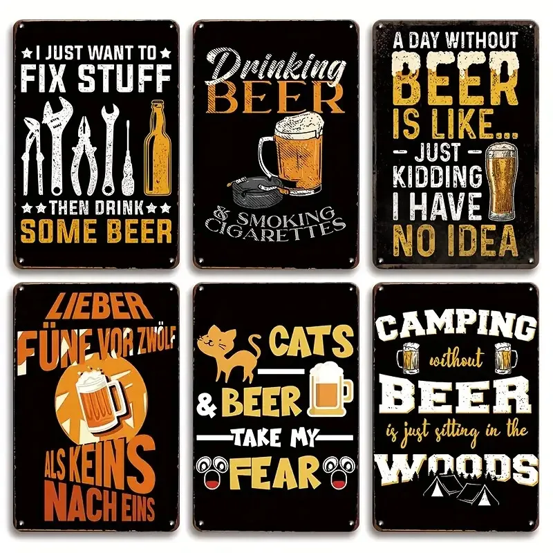 2D Flat 6pcs Set Detail Metal Tin Wall Mural Decoration - Retro 2D Flat Signs for Bar, Garage, Cafe, Office, Home, Farmhouse - 2