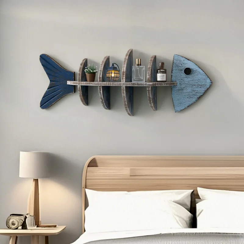 Nordic Style Wall Wooden Fish Row Shelf Cafe Living Room Decorative Pendant Wall Baffle Bookshelf Home Decoration Accessories