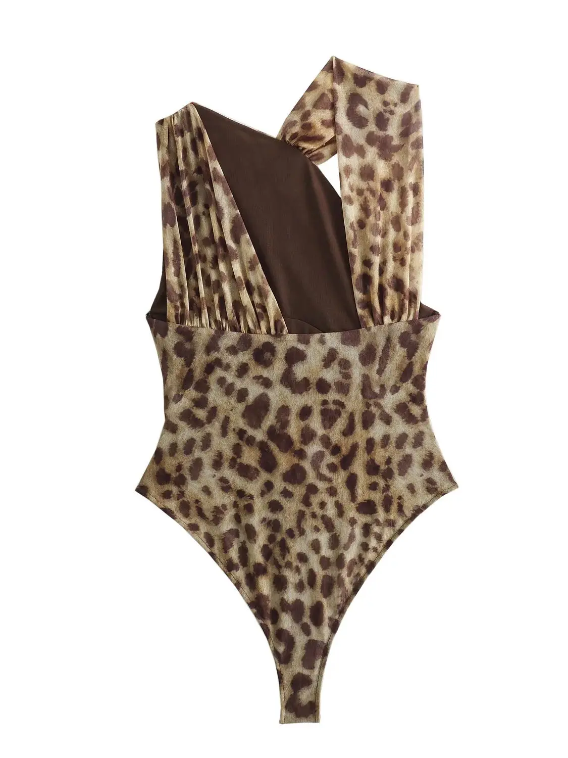 Kaopu za-bodysuit de malha de seda feminino, top assimétrico, plissado, com animal print, sexy, para a praia, verão