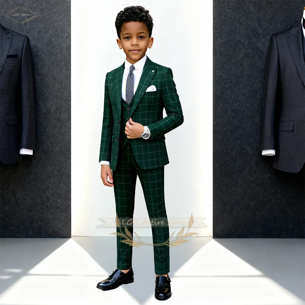 

Boys 3 Piece Stylish Plaid Suit Blazer Vest Pants Gentleman Formal Outfit for Wedding Party Ceremony