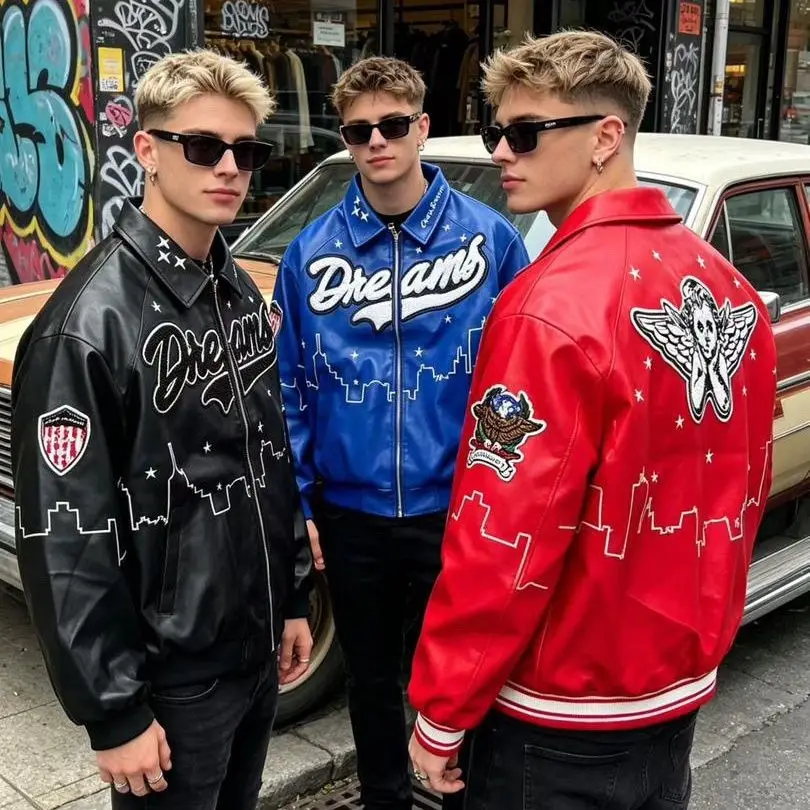 

American-style heavy-duty jackets for men vintage embroidery baseball jacket unisex leather jacket motorcycle coats men jacket