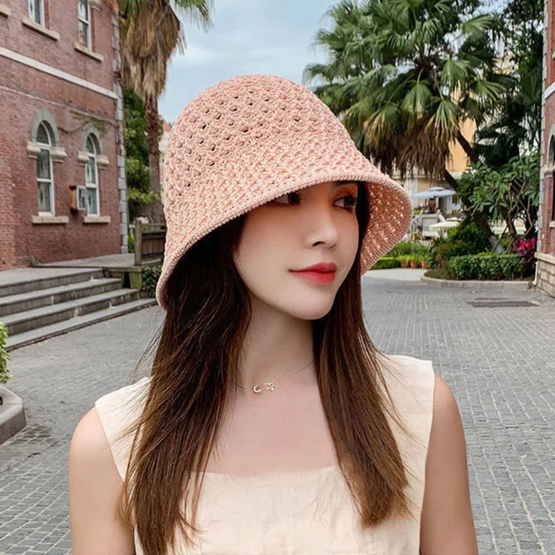 1 PC Sunproof Weaving Wide Brim Bucket Hat Summer Bucket Hat Hollow out Fisherman Hat for Adult Teens Skin-Friendly Commute Hat