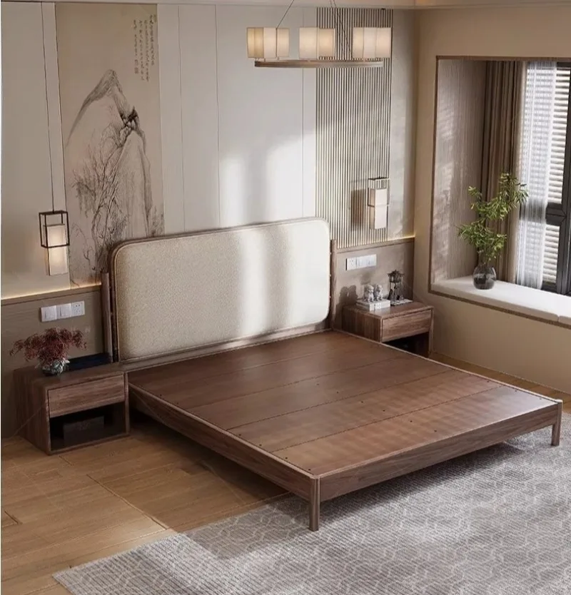 Song Aesthetic Black Walnut Solid Wood Bed, New Chinese Soft 1.8 M, Song Dynasty High PC and Console Game Bedroom Double Bed