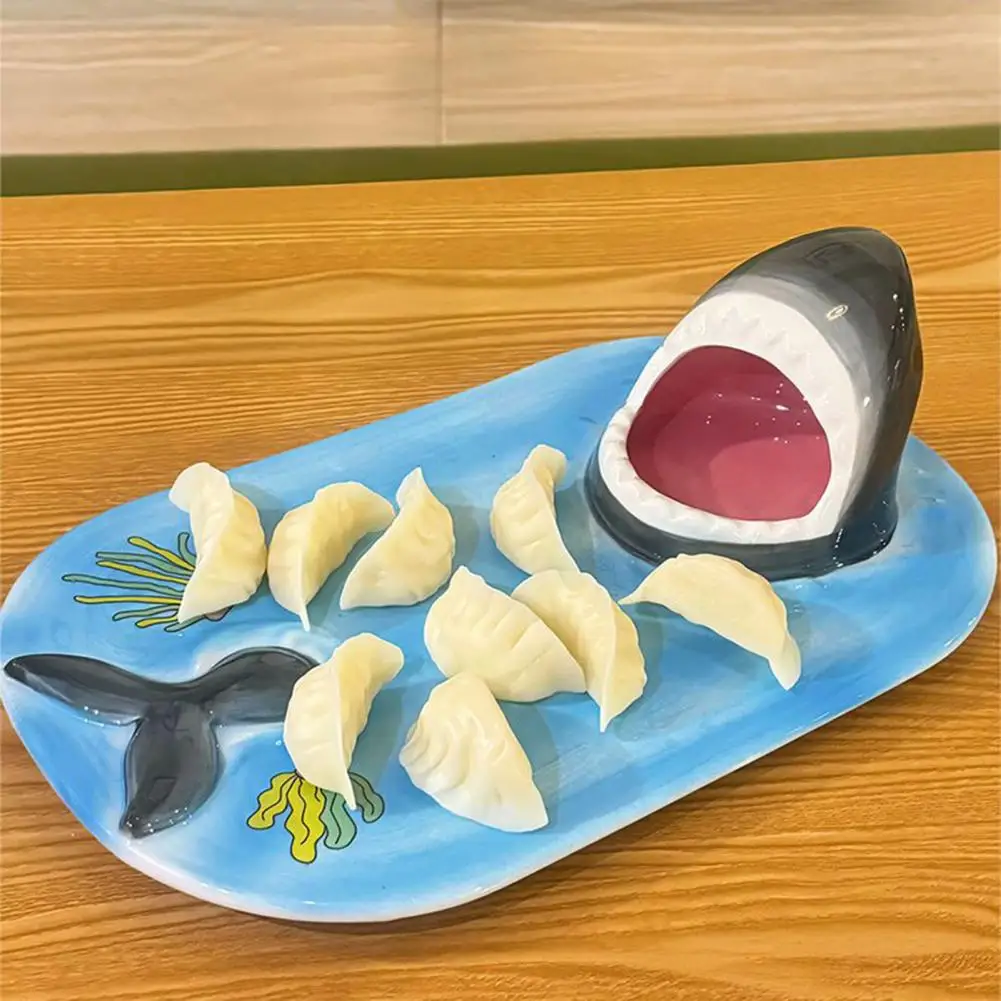 Shark Shaped Plate Shark Design Ceramic Sushi Plate with Sauce Bowl Chopstick Holder 3-in-1 Microwave Safe Dinner Tray Fun Shark