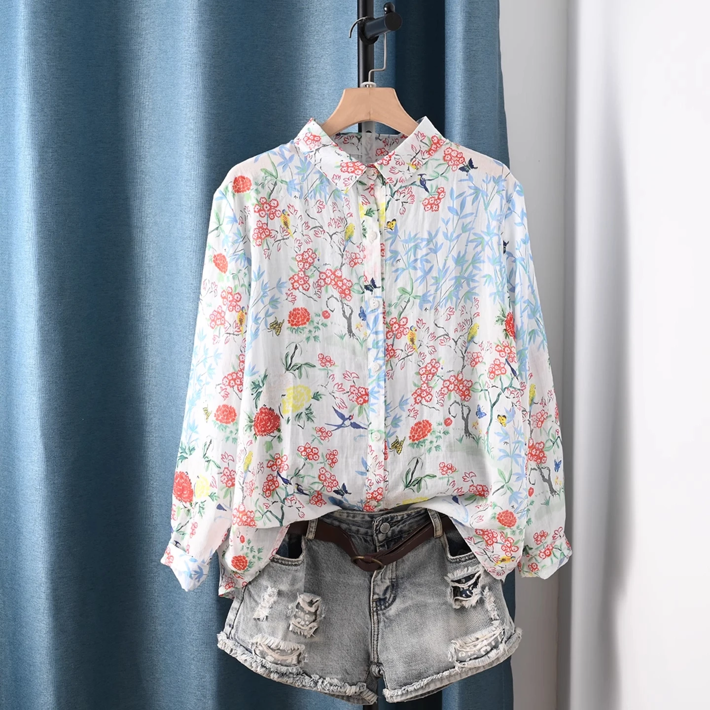 

Boho clothing 100% ramie linen plant garden print shirts long sleeve blouses for women breathable autumn tops