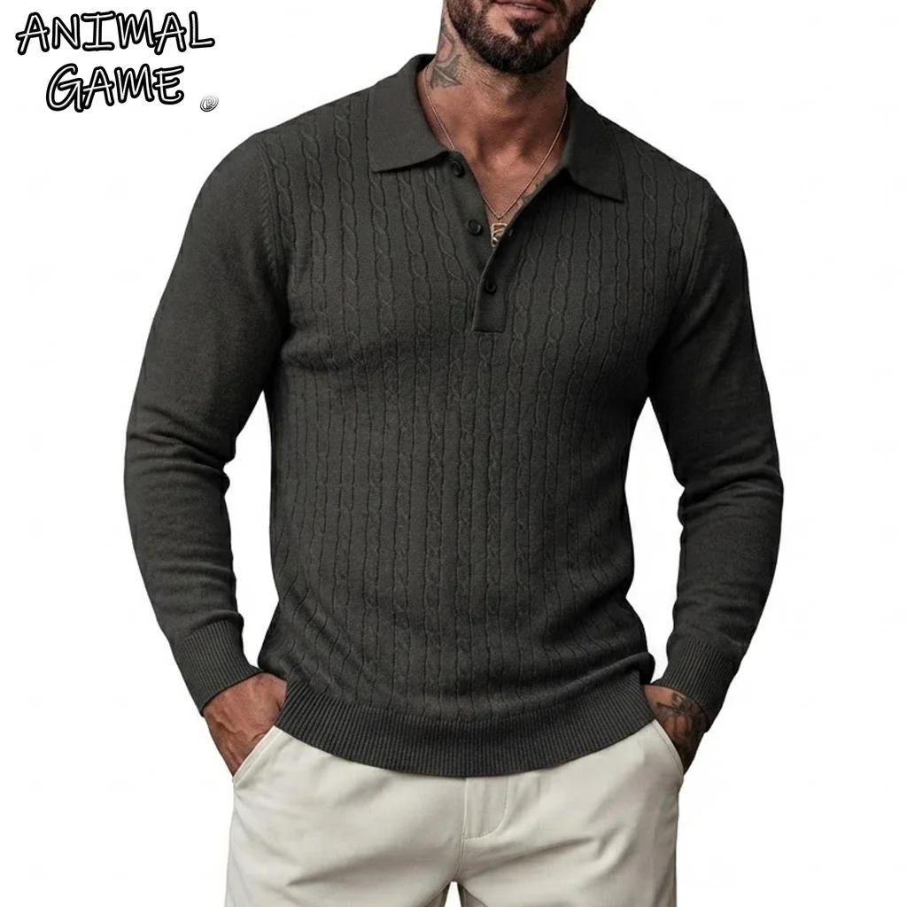 Autumn Mens Casual Long Sleeve Button Down Sweaters Breathable Solid Color Winter Cable Work Polo Shirts Knit Pullover Jumpers