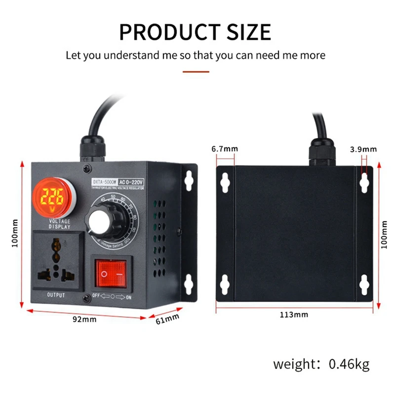 Variable Voltage Regulator 5000W Speed Temperature Light Voltage Uelatic Pressure Controller US Plug 2 Holes