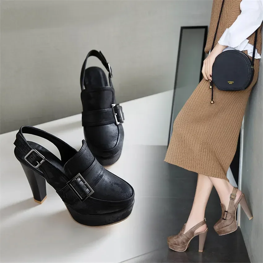 Summer Women Platform Pumps Black Grey High Chunky Heel Sandals Party Office Lady Sexy Round Toe Vintage Buckle Strap Slingbacks